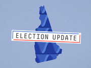 Editorial illustration showing the state of New Hampshire in blue tones with an Election Update banner overlay in red, white, and blue.
