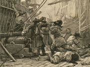A detailed black-and-white engraving depicting a violent battle scene on the deck of a sailing ship, with pirates or sailors fighting amid cannons and rigging.
