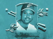 Teal-toned editorial illustration of a baseball player wearing a Florida Marlins cap, framed in a Hall of Fame plaque style with crossed bats, baseballs, and laurel leaves.