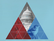 Editorial collage illustration featuring triangular geometric shapes overlaid on images of the US Capitol dome, a red-tinted face, and a blue-tinted bird on a light blue background.