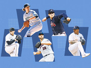 Editorial illustration showing five MLB pitchers in action poses from various teams including the Mariners, Braves, Mets, Yankees, and Marlins on a blue background.