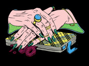 Pop-art style illustration of bejeweled hands with long green nails resting on a stack of plaid-patterned cards or money, with partial text visible.
