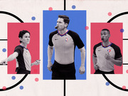 Editorial collage illustration of three NBA referees in striped uniforms on a stylized basketball court background with pink and blue dots.