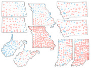 Small multiple county-level bubble maps of several US states showing red and blue proportional circles indicating partisan vote shifts or margins by county.