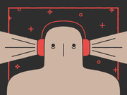 Editorial illustration of a stylized figure wearing red headphones with sound waves emanating from each ear, set against a dark background with decorative symbols.