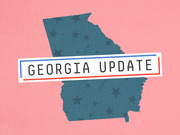 Editorial illustration of the state of Georgia silhouette with stars on a pink background and a label reading Georgia Update with red and blue accent lines.
