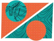 Editorial illustration showing a Democratic donkey and Republican elephant facing off, set against orange and teal geometric shapes with polka dots.