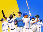 Editorial illustration showing Tampa Bay Rays and Los Angeles Dodgers players posed against a split yellow and blue background for a World Series matchup graphic.