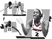 Black and white editorial photo collage of Arizona women's basketball players in uniform, numbers 4, 0, 23, and 2, celebrating on court.