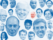 Editorial illustration showing floating heads of various 2020 Democratic presidential candidates and potential candidates, sized differently, tinted blue with one in red.