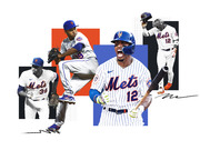 Editorial collage illustration of four New York Mets baseball players in uniform against geometric color blocks of orange, blue, and black.