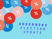 Decorative editorial illustration with red and blue circles bearing percent signs on a light blue background, titled Governors Election Update.