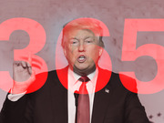 Editorial illustration of Donald Trump overlaid with large red number 365, likely referencing days in office.