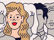 Editorial cartoon illustration of a colorful woman with freckles and red lips standing out among greyed-out figures in a crowd.
