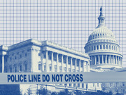 Blue-tinted editorial illustration of the US Capitol building overlaid with a police line do not cross tape banner and a grid background.