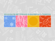 Four colorful illustrated panels representing the four seasons: winter with snowflakes on blue, spring with pink foliage, summer with a golden sun, and autumn with red leaves.