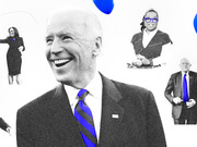 Black and white editorial collage featuring Joe Biden prominently with Kamala Harris, Oprah Winfrey, Bernie Sanders, and blue balloons.