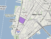 Street map of lower Manhattan New York showing a highlighted purple block near Trinity and Battery Park City along the Hudson River