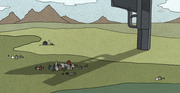Editorial illustration showing a giant handgun casting a shadow over a small rural town in a mountainous landscape.