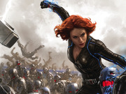 Illustrated artwork of Black Widow in a black suit with blue accents fighting a horde of Ultron robots, with a hammer flying in the background.