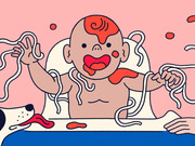 Colorful editorial cartoon of a messy baby in a high chair covered in spaghetti and tomato sauce, with a dog nearby.