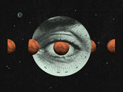 Surreal editorial collage showing a large human eye with Mars as the pupil, surrounded by a circular measurement dial, set against a dark space background with multiple Mars planets.