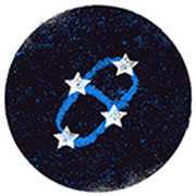 Dark circular illustration showing a blue oval shape outlined with white stars on a dark starry background, resembling a constellation or zodiac symbol.