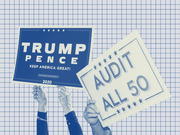 Blue-tinted editorial illustration of hands holding a Trump Pence 2020 campaign sign and an Audit All 50 protest sign against a grid background.