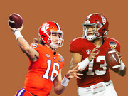 Editorial illustration of two college football quarterbacks, one in Clemson orange jersey number 16 and one in Alabama crimson jersey number 13, posed against an orange background.