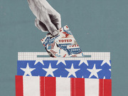 Collage illustration of a hand inserting I Voted stickers into a ballot box decorated with American flag stars and stripes.