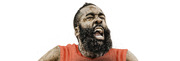 Stylized editorial illustration of a bearded basketball player in a red jersey shouting with head tilted back, rendered in a splattered ink style.