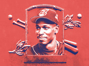 Editorial illustration in red and blue tones of a baseball player wearing a Cleveland Indians cap, styled as a Hall of Fame plaque with crossed bats and baseballs.