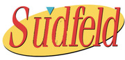 Parody logo reading Südfeld styled after the Seinfeld TV show logo, with red italic text on a yellow oval and a teal triangle accent.