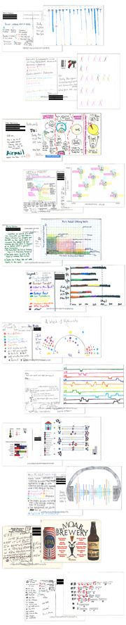 A collage of hand-drawn data visualizations and infographics submitted by readers tracking their podcast listening habits, featuring charts, maps, timelines, and illustrated graphics.