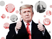 Editorial illustration of Donald Trump giving two thumbs up surrounded by circular inset photos of various political figures on a white background with decorative dots.