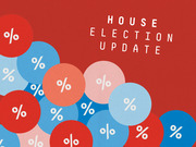 Decorative editorial illustration with red and blue circles bearing percent signs and the text House Election Update on a red background.