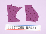 Editorial illustration showing the state outlines of Minnesota and Georgia covered in stars on a purple background with an Election Update label.