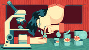 Editorial illustration showing a figure bending over canned goods next to a microscope, with a dark shadowy figure, suggesting food science or safety investigation.