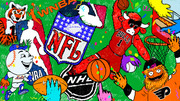 Colorful crayon-style illustration featuring various North American sports league logos and mascots including NFL, NBA, NHL, WNBA, Mets, Bulls, and Flyers characters.