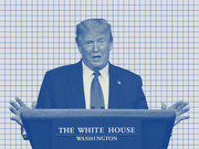 Blue-tinted editorial illustration of a man speaking at a White House Washington podium against a grid-paper background.