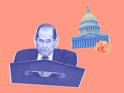 Editorial collage illustration showing Rep. Jerry Nadler at a chairman's podium alongside the US Capitol building and peaches, referencing impeachment.
