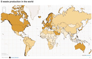Choropleth world map showing e-waste production by country, with darker shades indicating higher production, created by Jacopo Ottaviani using CartoDB.