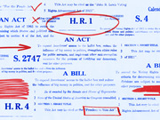 Editorial illustration showing overlapping U.S. congressional bill documents including H.R. 1, H.R. 4, S. 4, and S. 2747 with red annotation marks highlighting voting rights legislation.
