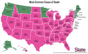 US map showing the most common cause of death by state, with most states colored pink for Heart Disease and a few green states for Cancer.
