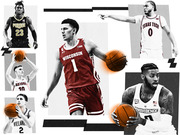 Editorial collage of five college basketball players in black-and-white with orange-highlighted basketballs, representing Purdue, Arizona, Villanova, Wisconsin, Texas Tech, and Providence.