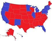 US electoral map showing states colored red for Republican and blue for Democrat, with most states red and coastal/northern states blue.