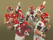 Editorial illustration showing Alabama and Georgia college football players in action poses against a gold background, featuring jersey numbers 4, 13, 3, 31, and 1.