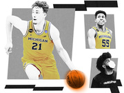 Editorial collage illustration of Michigan basketball players in uniform with BLM patches and a player wearing a #NotNCAAProperty shirt.