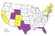 US map showing states colored yellow or purple, with 10 yellow states, 4 purple states, and 34 unassigned states shown in white.