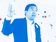 Blue-tinted editorial illustration of a man in a suit gesturing with red and blue stars scattered around him on a grid background.